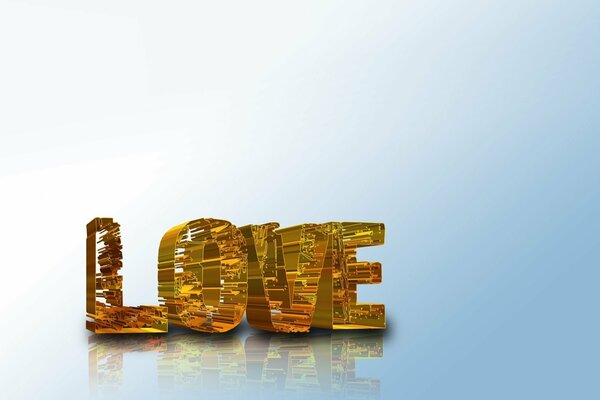 Goldene LOVE-Inschrift auf einem weiß-blauen Hintergrund. Reflexion des volumetrischen LOVE-Schriftzugs
