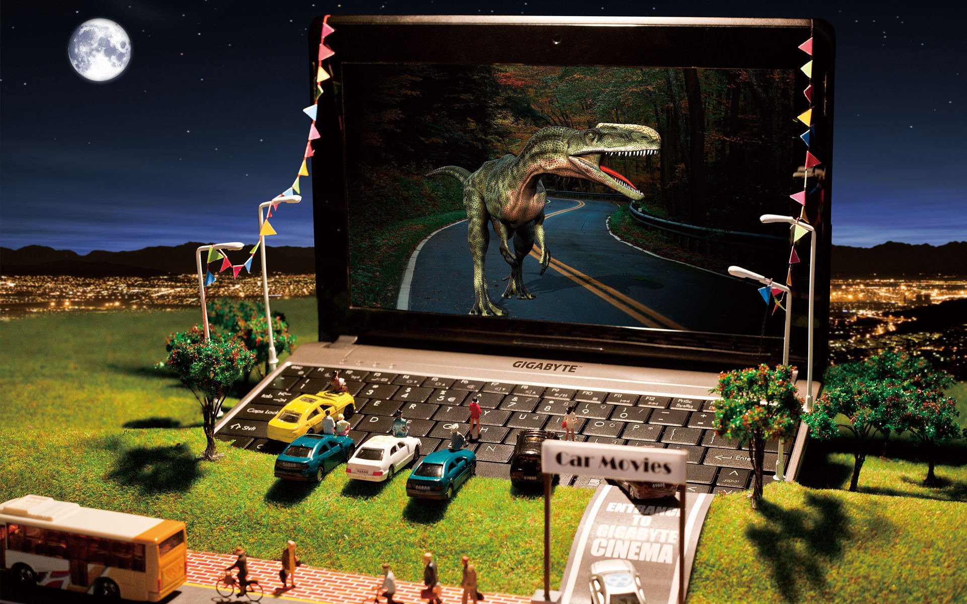 gigabyte modelle netbook miniatur kino autos dinosaurier hügel stadt spielzeug laternen laptop bäume