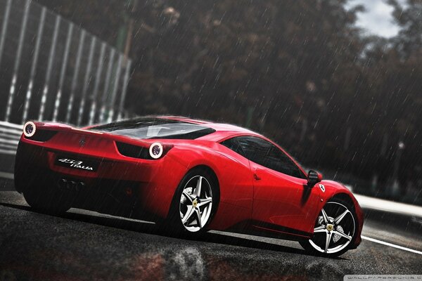 Roter Ferrari in bewölktem Himmel