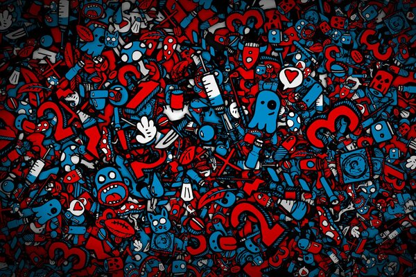 Rot-blauer Hintergrund aus verschiedenen Gegenständen, Buchstaben, Texturen