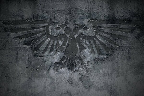 Schwarzer Adler mit ausgestreckten Flügeln an einer Betonwand