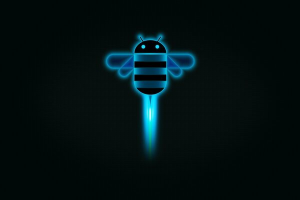 Eine neonblaue Biene fliegt nach oben