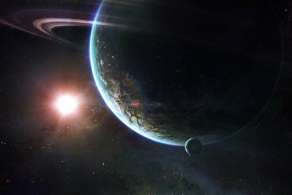 Planet Saturn mit Satelliten auf dem Hintergrund der Sonne