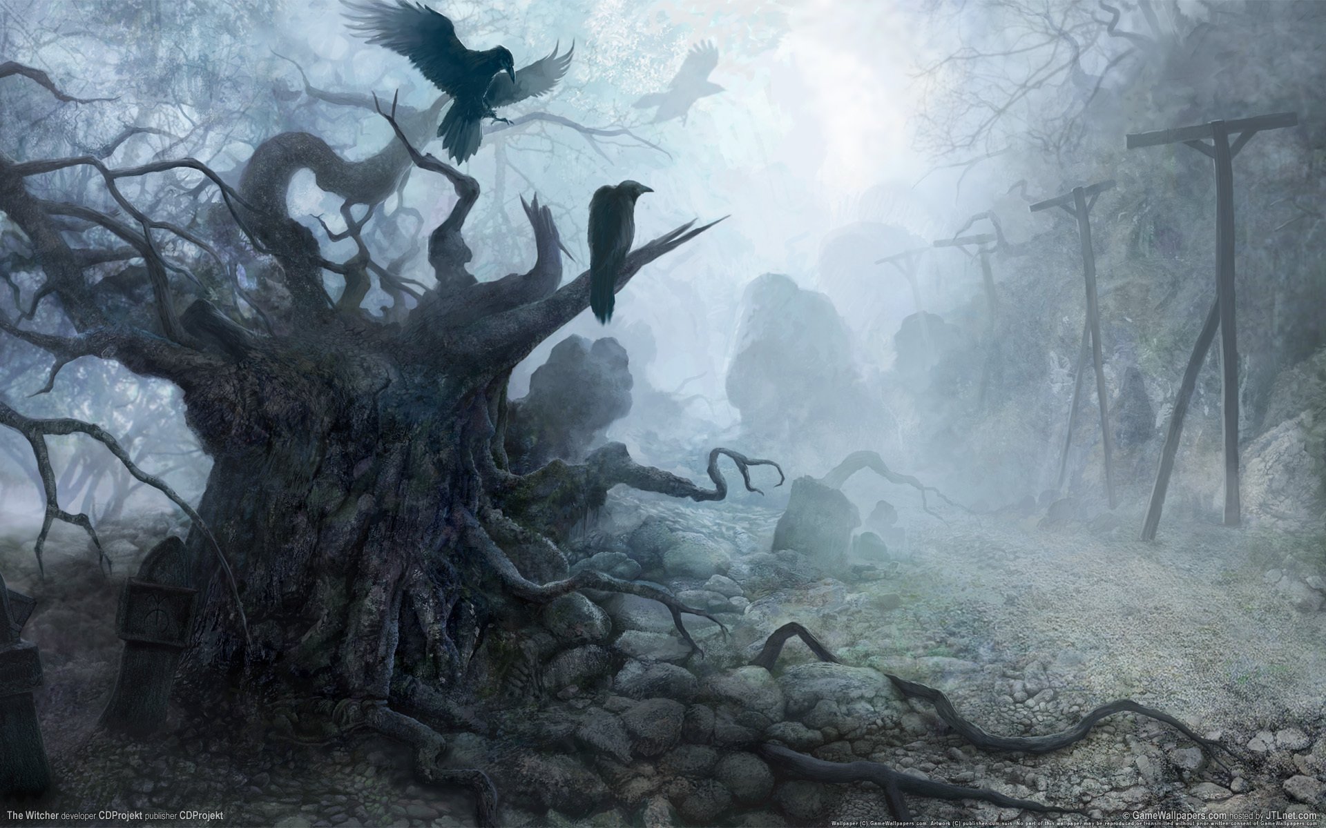 steine krähen dunkelheit zeichnung the witcher nebel
