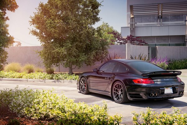 Schwarzes Luxusauto mit Spoiler