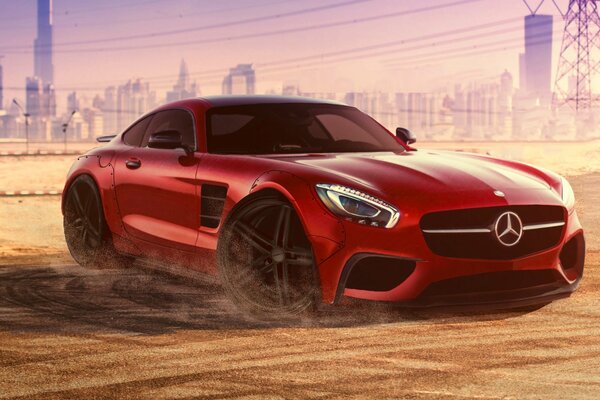 Rotes Auto mit gedrehten Vorderrädern