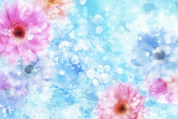 Collage aus rosa Blumen auf blauem Hintergrund