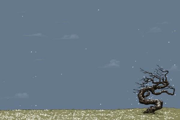 Minimalistische Vektorzeichnung eines krummen Baumes