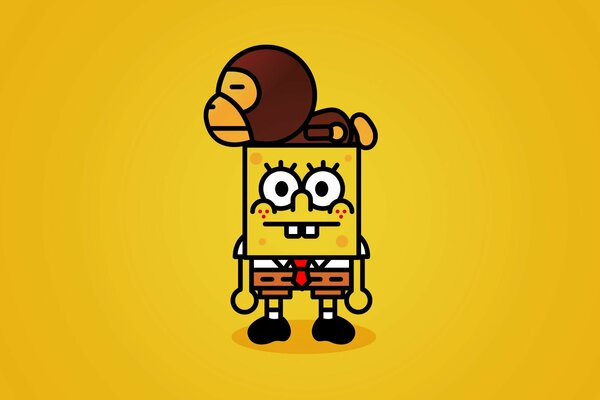 Spongebob mit einem Affen auf dem Kopf