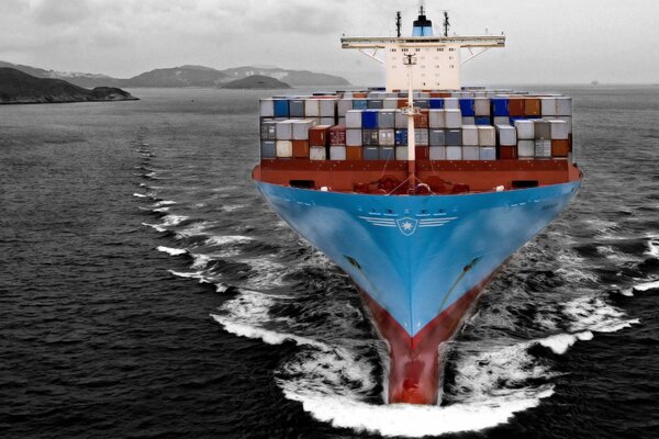 Frachtschiff mit Containern auf See