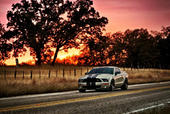 Silberner Ford Mustang fährt auf der Straße bei Sonnenuntergang