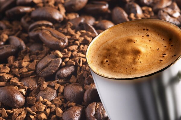 Tasse Kaffee mit Schaum auf Bohnen