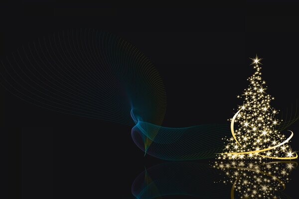 Weihnachtsbaum mit Lichtern mit einem Stern auf einem dunklen Hintergrund mit Reflexen