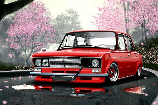 Rotes Auto auf der Straße zwischen Sakura