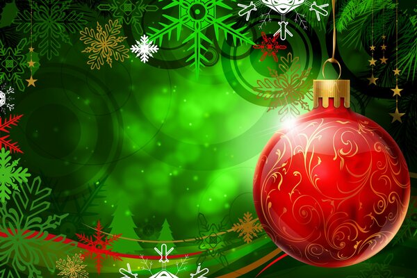 Rote Weihnachtskugel hängt am Weihnachtsbaum