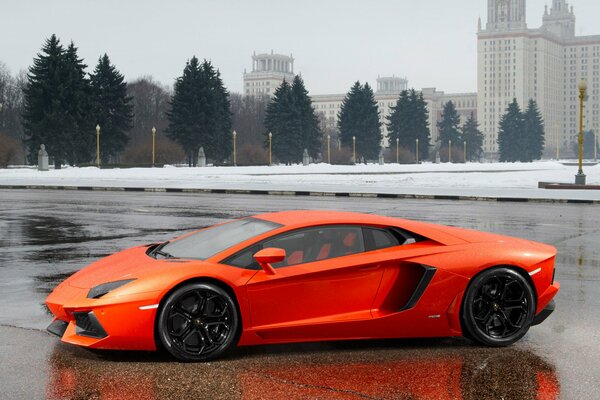 Orange Lamborghini aventador lp700-4 auf dem Hintergrund der MSU