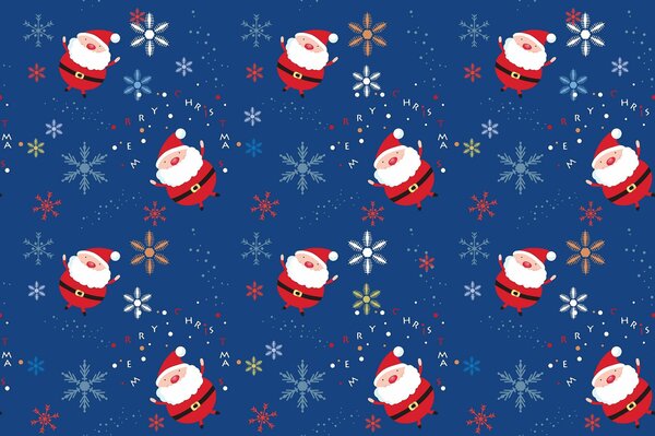 Textur der Weihnachtsmänner mit Schneeflocken auf blauem Hintergrund