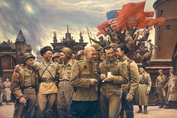 Soldaten der USA und der UdSSR freuen sich über den Sieg