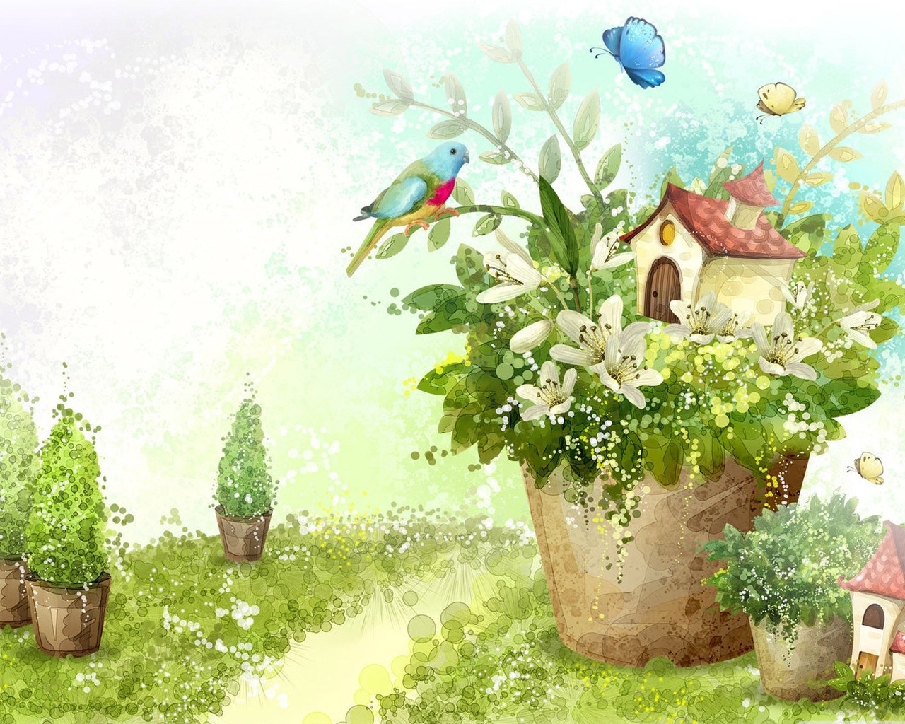 gezeichnet tapete natur blumen haus vogel