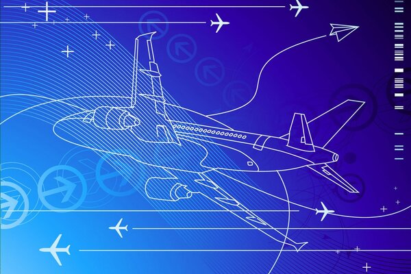 Bild eines Flugzeugs aus Linien auf blauem Hintergrund