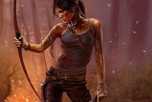 Zeichnung von Lara Croft mit einem Bogen in den Händen