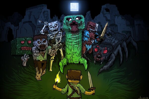 Kunst im Minecraft-Stil mit Zombies