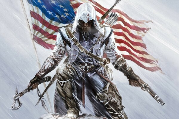 Flagge hinter dem Rücken des Assassins Creed-Kriegers