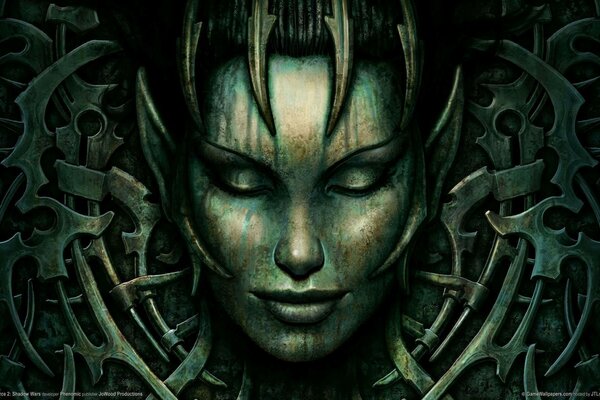 Das Gesicht einer Frau in einer Metalltür unter den Mechanismen