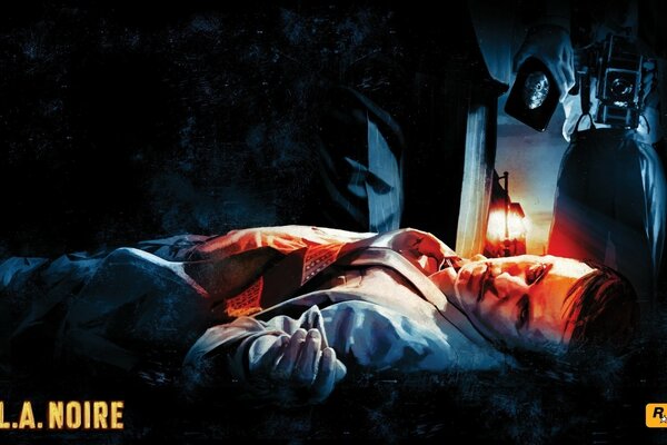Poster für das Spiel L. A. Noire von der Spielefirma Rockstar Games mit einer liegenden Leiche