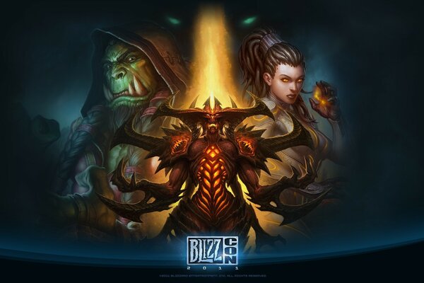Blizzcon Art wo Thrall Diablo und das Starcraft Girl sind