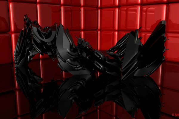 Fantasievolle schwarze Kreatur vor dem Hintergrund roter Würfel