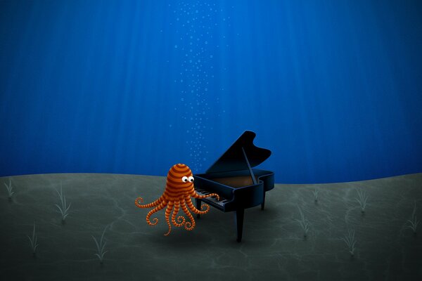 In der Abbildung spielt ein Oktopus am Boden des blauen Meeres ein Klavier