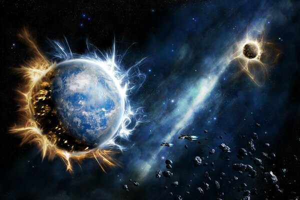 Zwei kosmische Planeten, die von leuchtenden Wellen bedeckt sind, und Asteroiden und Flugschiffe, die sich ihnen nähern, nähern sich ihnen