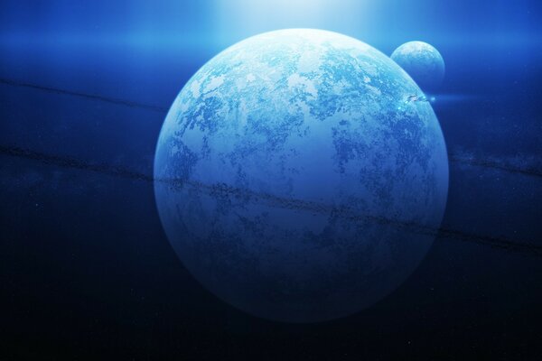 Blick auf einen Planeten im Weltraum in Blautönen
