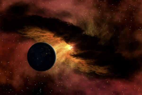 Der schwarze Planet im Weltraum und das einfallende Licht