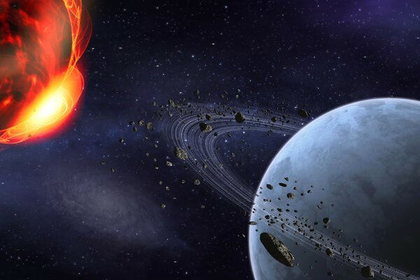 Eine Kombination aus feuriger Sonne und kaltem Planeten