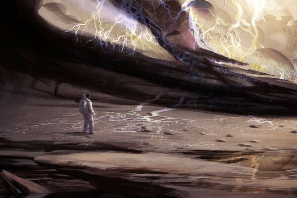 Ein Astronaut in einem Anzug geht auf einem fremden fremden Planeten