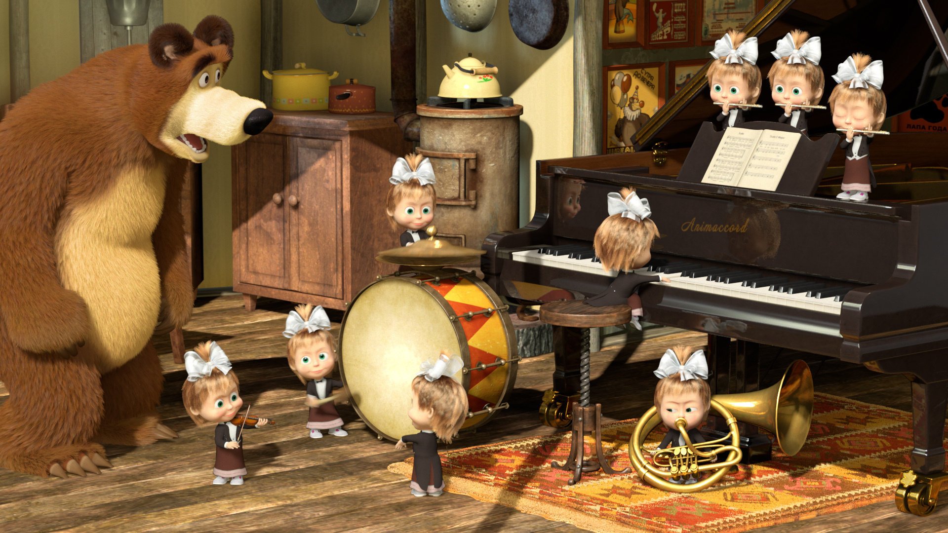 mascha und der bär karikatur orchester klavier trompete