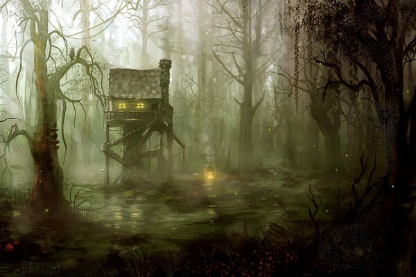 Eine seltsame Hütte im düsteren Wald