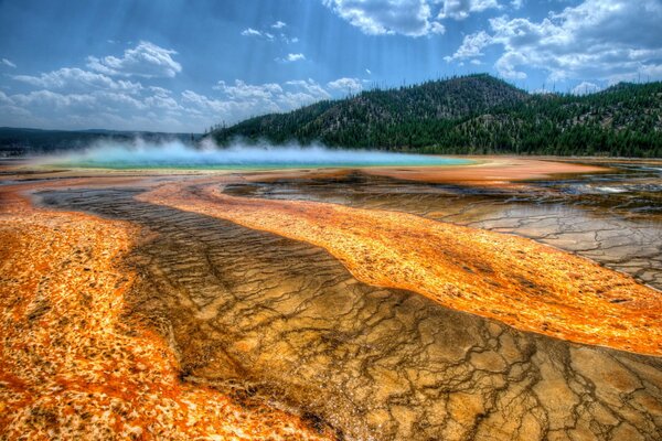 USA, Yellowstone-Paar, schöne Aussicht, Wald und Berge