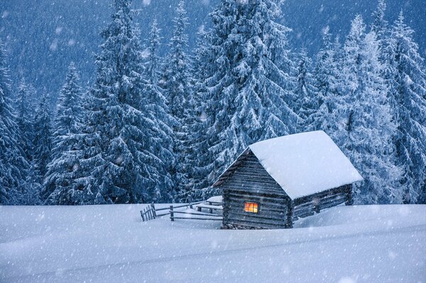 Verschneite einsame Hütte steht im Wald