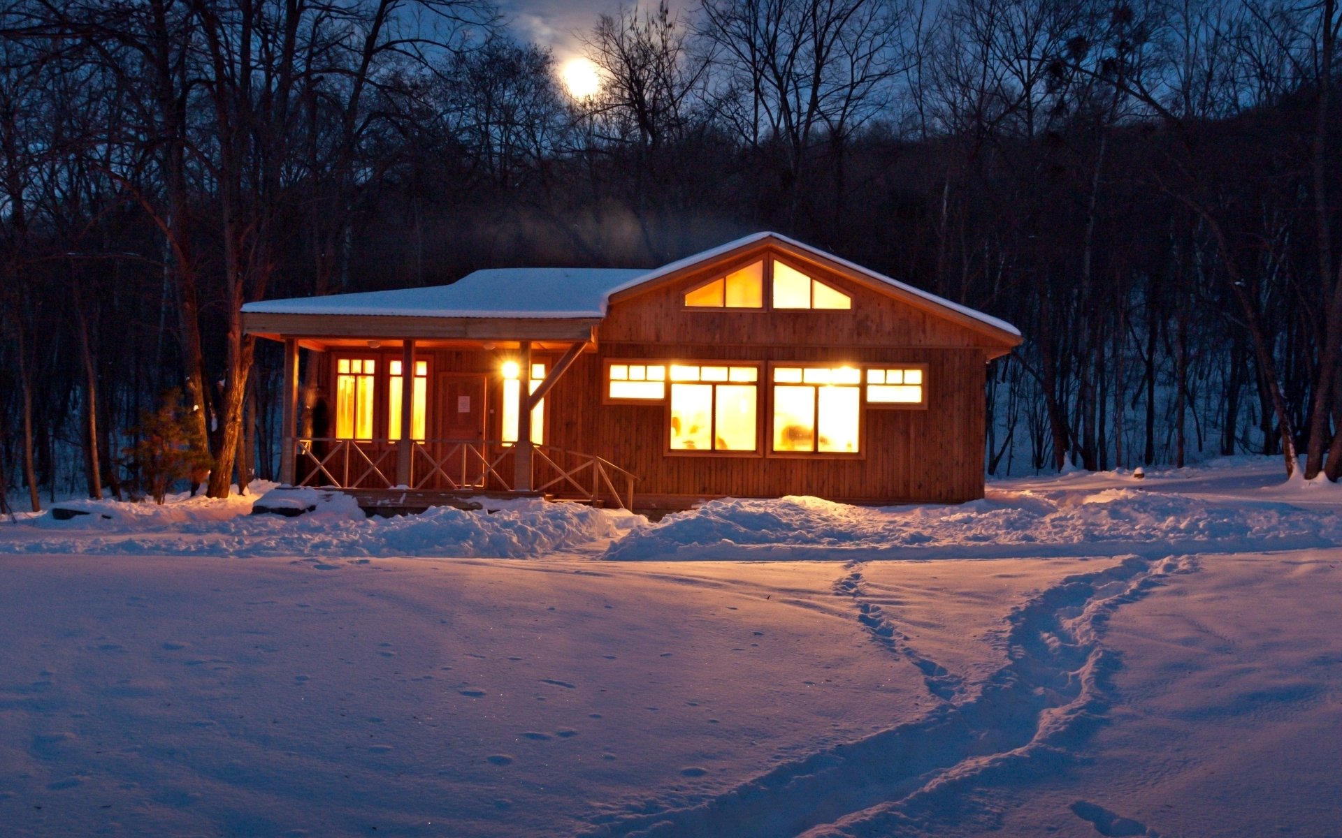 natur winter schnee haus haus licht spuren bäume abend himmel winter hintergrund tapete widescreen vollbild widescreen widescreen