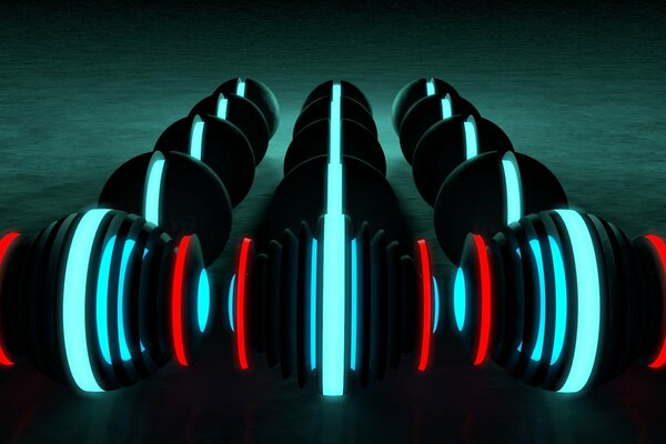 Schwarze Neonkugeln zeigen sich in blau und rot