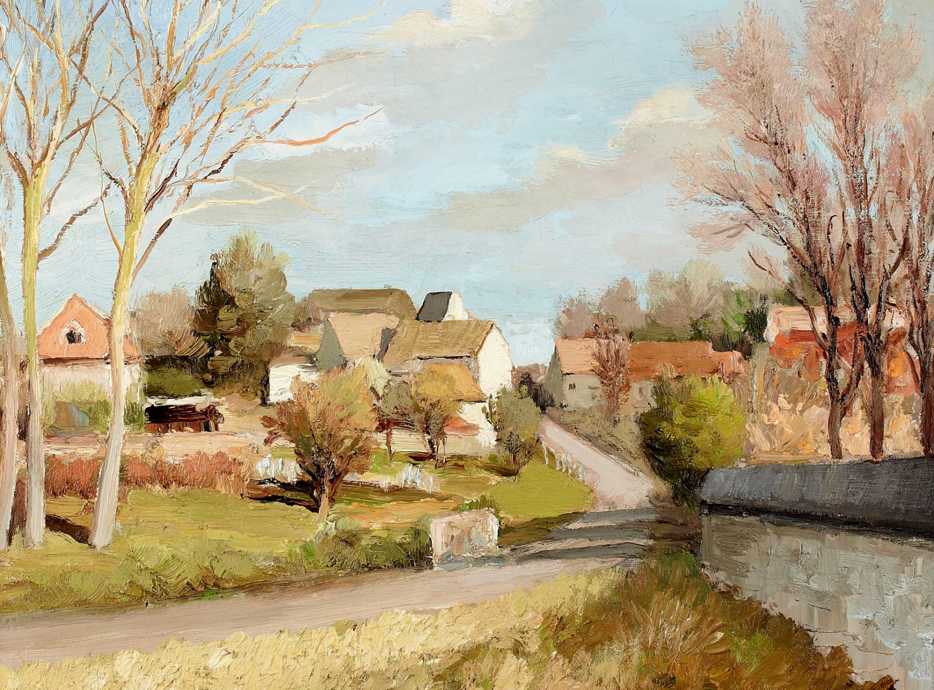 marcel dief drei pappeln in nofle-les-château gemälde landschaft straße bäume häuser