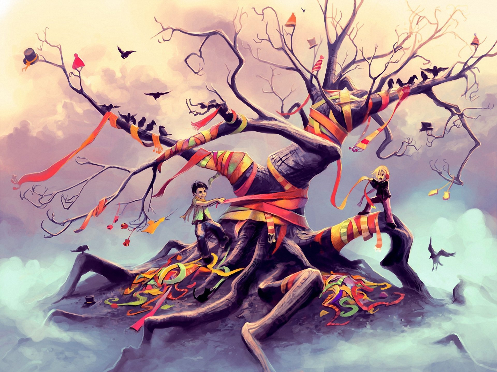kunst fantasie baum bänder kinder mützen vögel