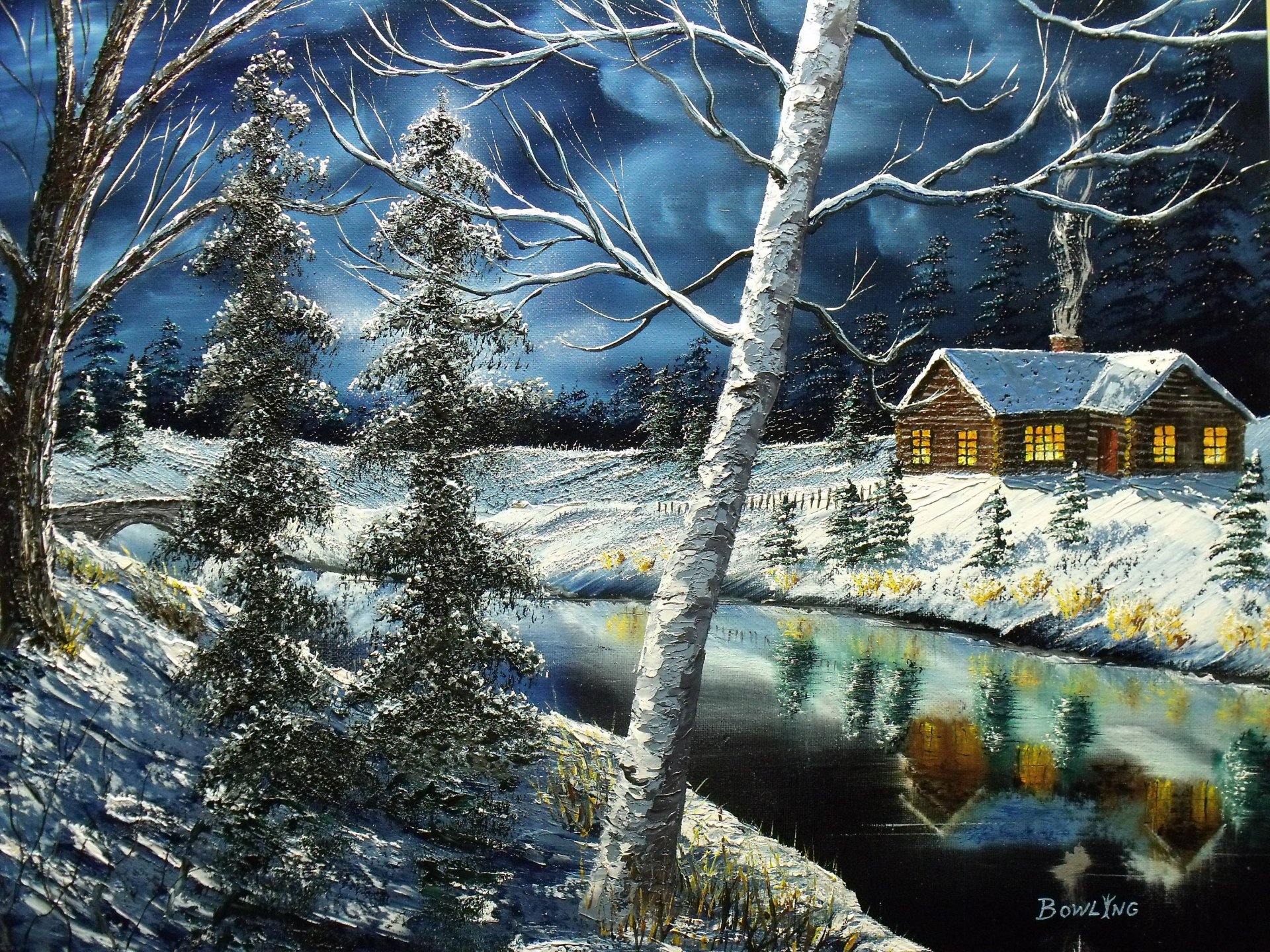 malerei haus fenster winter bäume fluss reflexion himmel leinwand