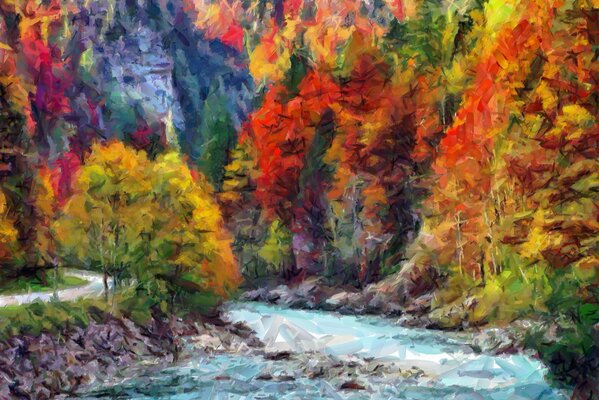 Bäume, die mit den bunten Farben des Herbstes bemalt sind, und sprudelndes Wasser