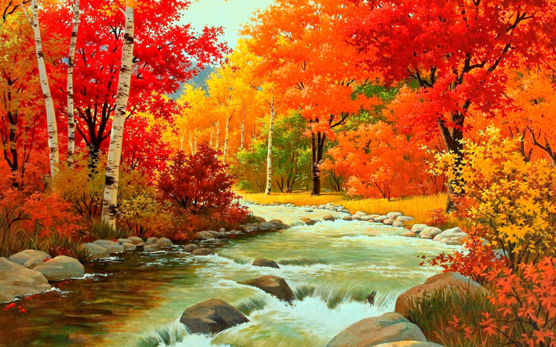 herbst wald laub fluss wasser steine büsche