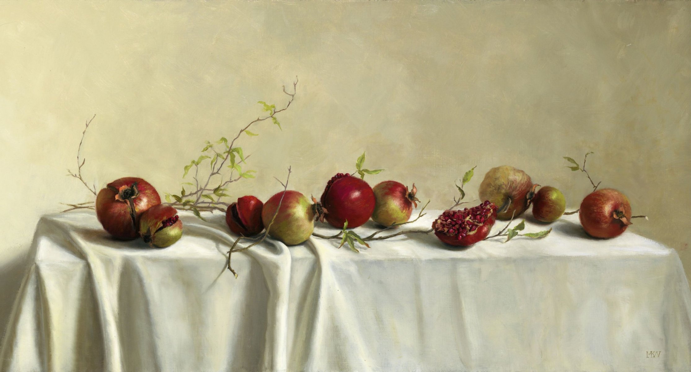 malerei stillleben kunst mary kay west tisch tischdecke obst granatäpfel zweige blätter