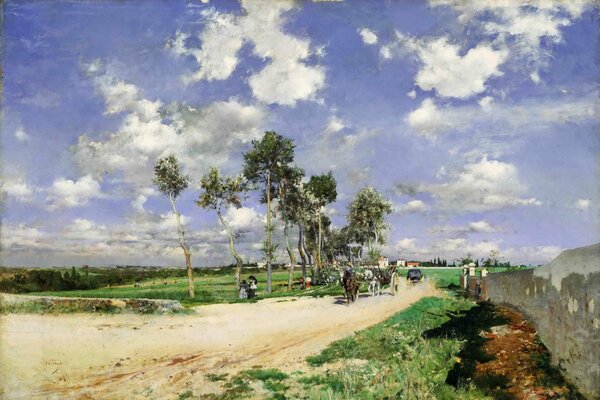 Ein Gemälde von Giovanni Baldini. Pferde gehen die Landstraße entlang